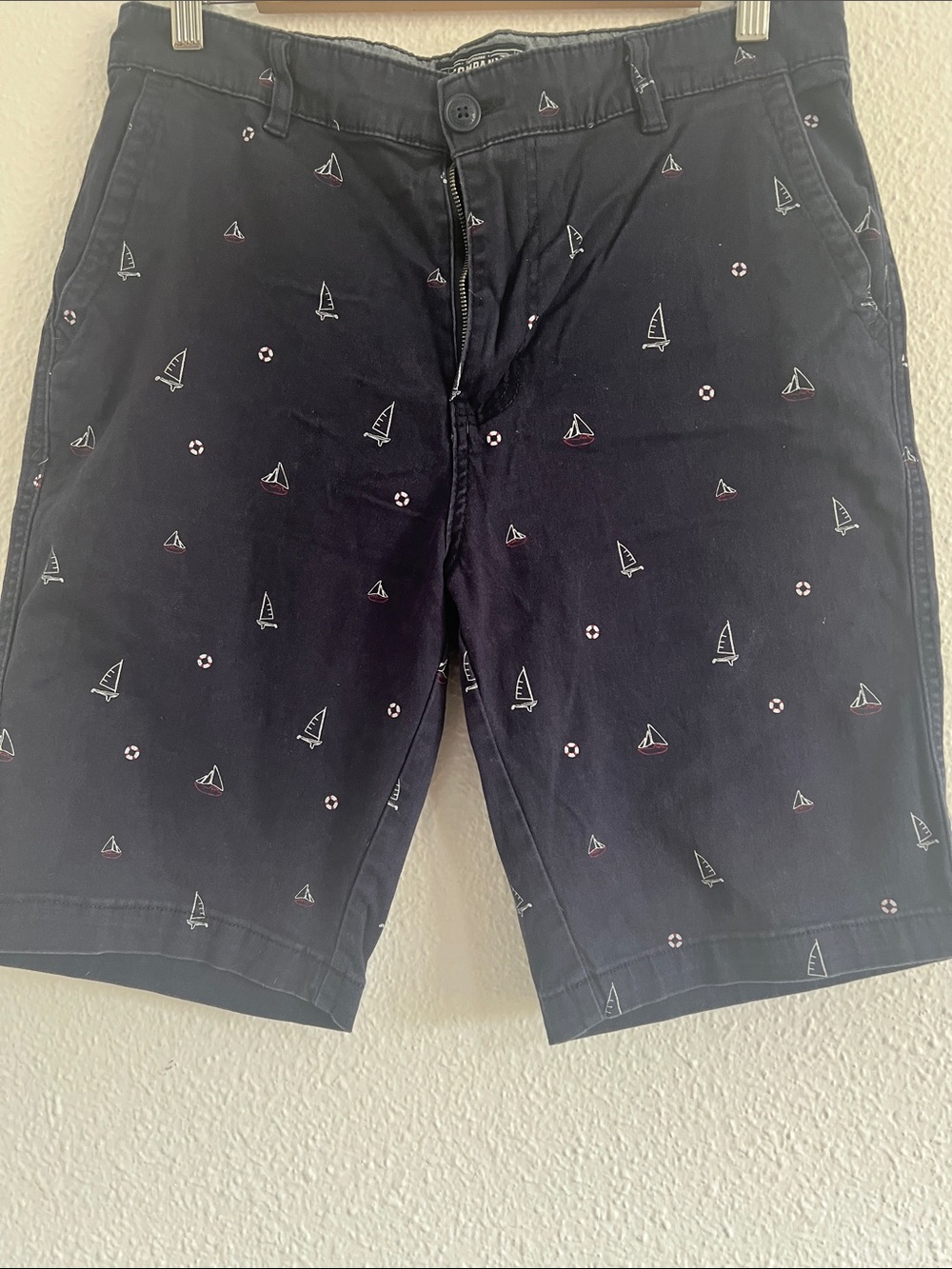 Men's Navy Embroidered Sailboat Flat Front Shorts